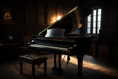 Grand piano in dark room with only dim light. Vintage music background. AI generatedの素材