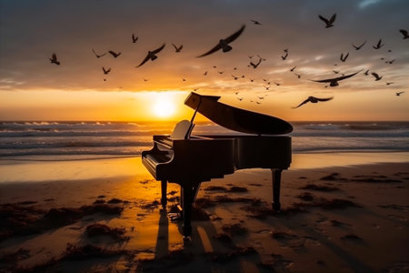 Grand piano sitting on beach ay sunset with waves crashing coast and flock of birds. Abstract surreal background. AI generatedの素材