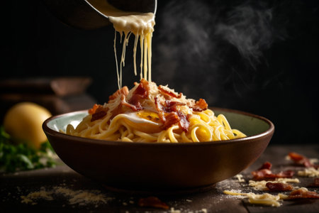 Close up view of steaming bowl of spaghetti carbonara with egg yolk, parmesan, bacon. AI generatedの素材