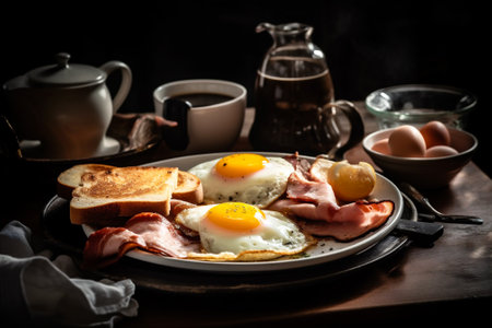 Breakfast in bed with coffee, fried eggs, fresh juice and ham on table. AI generatedの素材