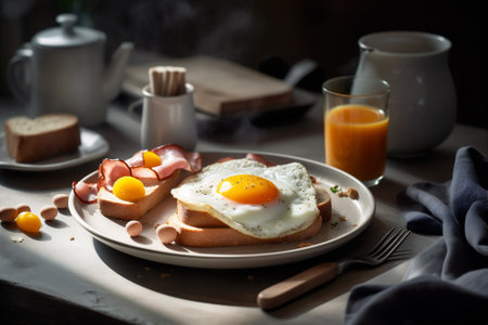 Breakfast in bed with coffee, fried eggs, fresh juice and ham on table. AI generatedの素材