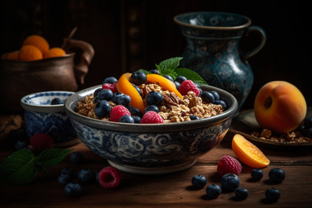 Fresh and Wholesome Granola Bowl with an Assortment of Fresh Fruits and Berries. Healthy breakfast or snack background. AI generatedの素材