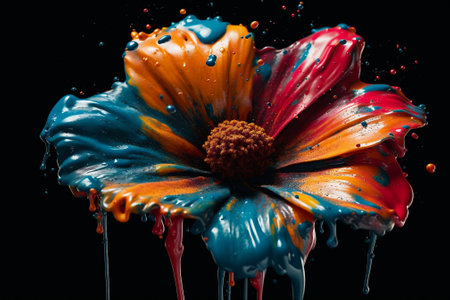 Colourful splash dripping water drops, paint on multicoloured flowers, abstract floral background. AI generatedの素材