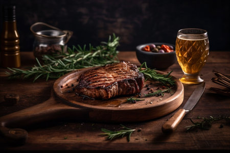 Grilled Meat With Herbs Rosemary Served With Glass of Beer. AI generatedの素材