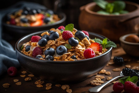 Fresh and Wholesome Granola Bowl with an Assortment of Fresh Fruits and Berries. Healthy breakfast or snack background. AI generatedの素材