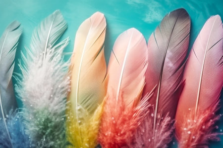 Colourful softy feathers on blue pastel background. AI generatedの素材