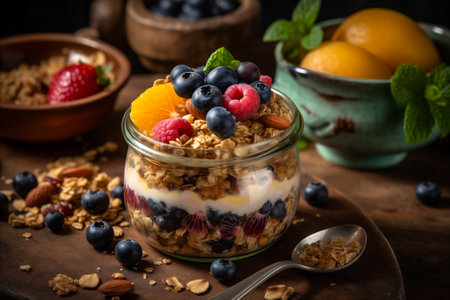 Fresh and Wholesome Granola Bowl with an Assortment of Fresh Fruits and Berries. Healthy breakfast or snack background. AI generatedの素材