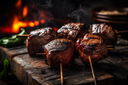 Brazilian barbecue served with picanha steak on charcoal barbecue. AI generatedの素材