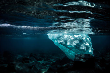 Majestic Underwater World: Submerged View of an Iceberg in Crystal-clear Waters. Massive iceberg floats gracefully in the translucent blue ocean. AI generatedの素材