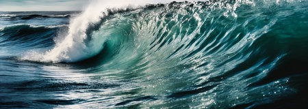 Powerful Ocean Wave: Majestic Force of Nature. Extremely close look of huge, massive ocean wave. AI generatedの素材