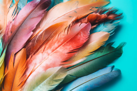 Colourful softy feathers on blue pastel background. AI generatedの素材