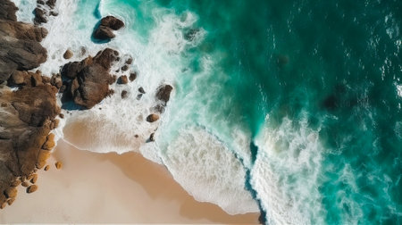 Areal view of ocean with white sand coast. AI generatedの素材