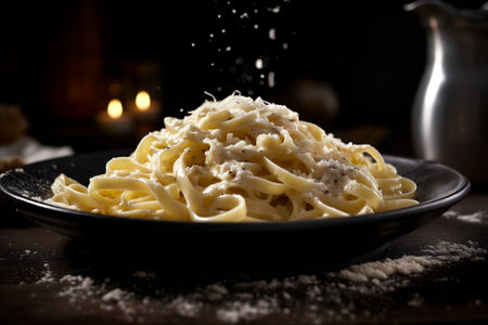 Fettuccine Alfredo Made With Tender Pasta Noodles Coated in a Rich and Creamy Parmesan Sauce. AI generatedの素材