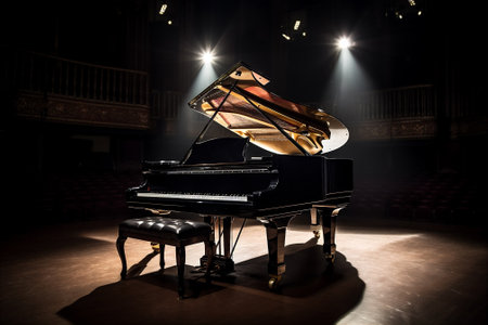 Grand piano sitting on stage with a spotlight shining on background. Music concept background. AI generatedの素材