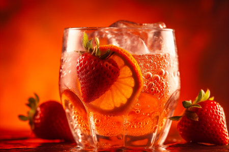Close up image of delicious refreshing strawberry and orange cocktail. AI generatedの素材