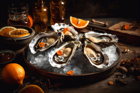 Fresh and Delectable Open Oysters on a Platter with lemon, ice. Fresh delicious seafood. AI generatedの素材