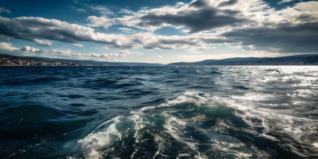 Seascape with deep blue sky, puffy white clouds. Sea or ocean landscape. AI generatedの素材