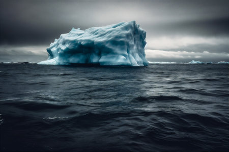 Majestic Iceberg Floating in the Arctic Ocean. Tall iceberg with glistening white surface, contrasting against the deep blue waters. AI generatedの素材