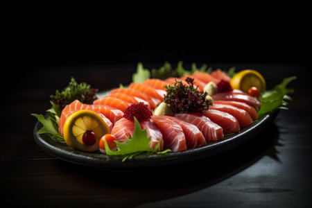 Freshly Sliced Raw Fish Sashimi. Sliced raw fish, salmon, tuna yellowtail. Japanese cuisine. AI generatedの素材