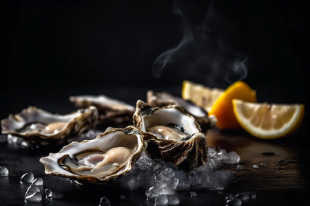 Fresh and Delectable Open Oysters on a Platter with lemon, ice. Fresh delicious seafood. AI generatedの素材