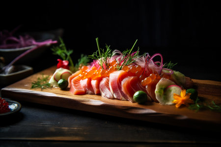 Freshly Sliced Raw Fish Sashimi. Sliced raw fish, salmon, tuna yellowtail. Japanese cuisine. AI generatedの素材