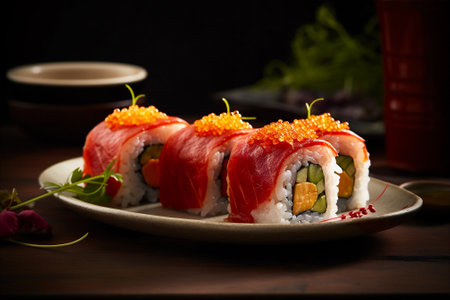 Sushi Platter with Fresh Seafood Creations served with wasabi and soy sauce. Japanese cuisine. AI generatedの素材