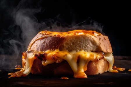 Tasty hot sliced bread sandwich with melted cheese on fire. AI generatedの素材