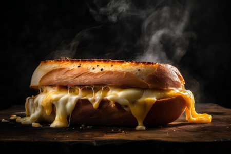 Tasty hot sliced bread sandwich with melted cheese on fire. AI generatedの素材