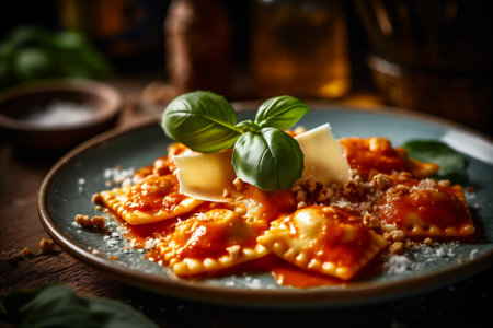 Plate of freshly made ravioli filled with creamy ricotta cheese. Mediterranean cuisine. AI generatedの素材