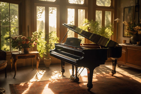 Grand piano sitting in the middle of elegant living room with sun light. AI generatedの素材