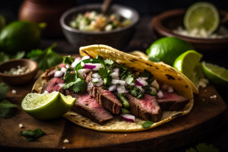 Taco with juicy meat, diced onions, fresh cilantro. Traditional Mexican food. AI generatedの素材