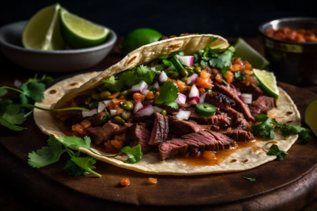 Taco with juicy meat, diced onions, fresh cilantro. Traditional Mexican food. AI generatedの素材
