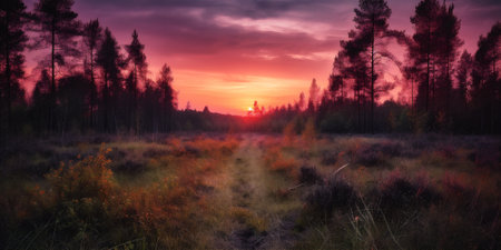 Serene landscape with forest, purple and pink sky. Surreal landscape. AI generatedの素材