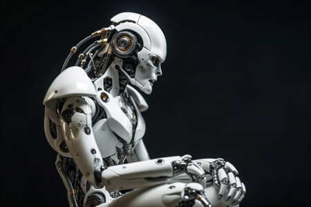 Contemplative Robot, Thoughtful Artificial Intelligence.Abstract background of essence of a machine deep in thought, pondering complex algorithms and possibilities. Concept illustration for technology, robotics, AI. AI generatedの素材