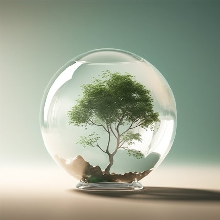 3d Earth day concept background. Green tree into glass transparent sphere. AI generatedの素材