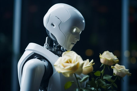 White AI humanoid robot is keeping flowers, futuristic concept background. AI generatedの素材