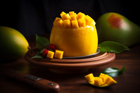 Ripe and Juicy Mango Fruit on plate with green leaves. Healthy eating background. AI generatedの素材