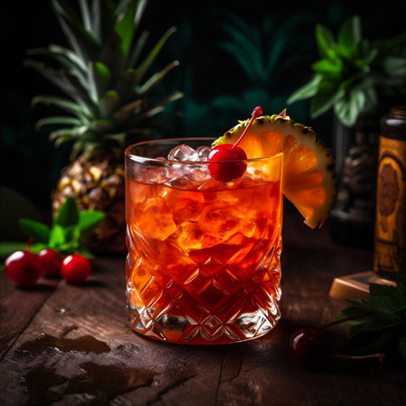 Tropical Mai Tai Cocktail Made With Light And Dark Rum, Fresh Pineapple Juice, Orange Juice, Lime Juice, and a Splash of Grenadine. AI generatedの素材