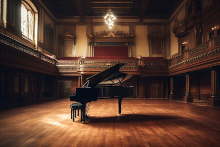 Elegant Vintage Grand Piano in Luxurious Living Room, Timeless Beauty in Musical Instrument. Elegant classical music background. AI generatedの素材