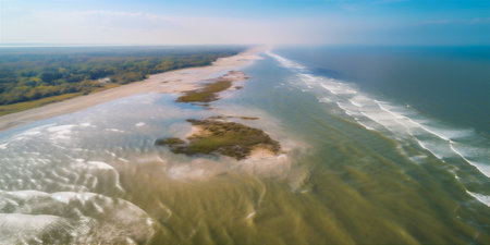 Areal view of ocean with white sand coast. AI generatedの素材