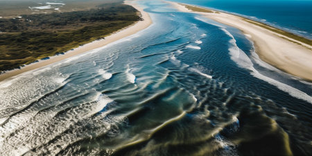 Areal view of ocean with white sand coast. AI generatedの素材