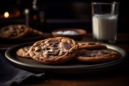Plate of warm and gooey chocolate chip cookies with chocolate crumbs served with glass of milk. AI generatedの素材