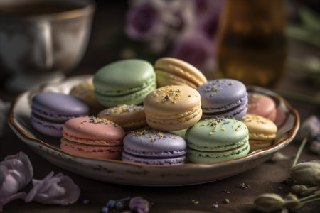 Plate of delicate French macarons in variety pastel colors. Orange, green, yellow, blue, violet pastel coloured macarons. AI generatedの素材
