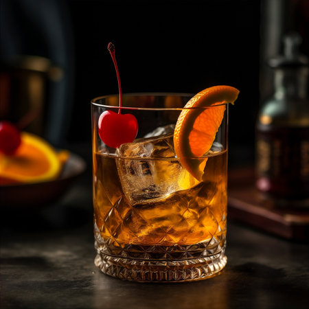 Classic Old Fashioned cocktail made with bourbon or rye whiskey, sugar, bitters and twist of citrus zest. AI generatedの素材