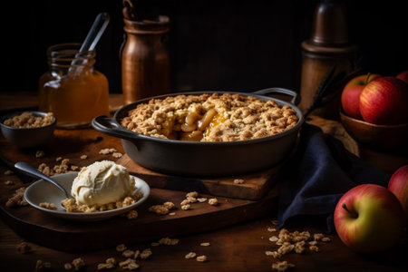 Warm apple pie with flaky buttery crust and scoop of ice cream. AI generatedの素材