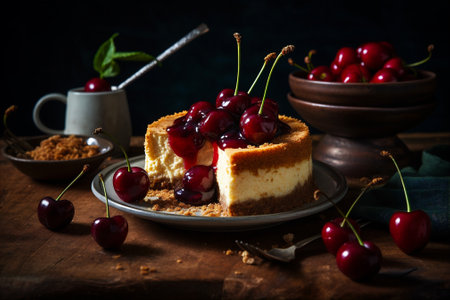 Classic New York style cheesecake with graham cracker crust and a rich and creamy filling, topped with a sweet raspberry sauce and fresh berries. AI generatedの素材