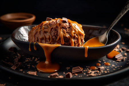 Close up shot of scoop of rocky road ice cream studded with chunks of chocolate, marshmallows and almonds, drizzled with chocolate syrup. AI generatedの素材