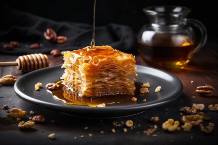 Plate of sticky sweet baklava with layers of flaky phyllo dough, chopped nuts and drizzled with honey syrup. AI generatedの素材