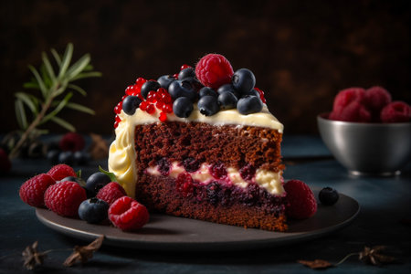 Slice of red velvet cake with cream cheese frozen berries: strawberries, raspberries, and blueberries. AI generatedの素材