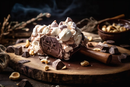 Close up shot of scoop of rocky road ice cream studded with chunks of chocolate, marshmallows and almonds, drizzled with chocolate syrup. AI generatedの素材